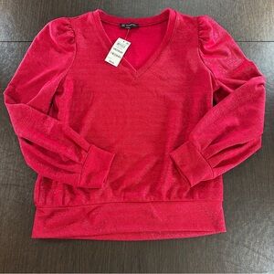 INC Womens Size M Blouson Sleeve V-Neck Relaxed Fit Top Metallic Shimmer Red NWT